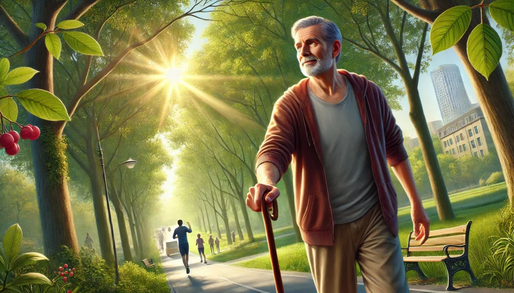 a mid-aged man walking through a park with a slight smile on his face